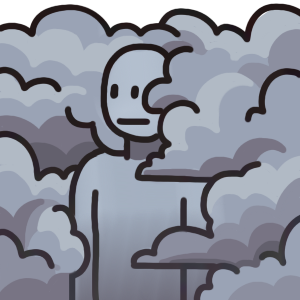 a person in greyscale backing into a wall of grey clouds.